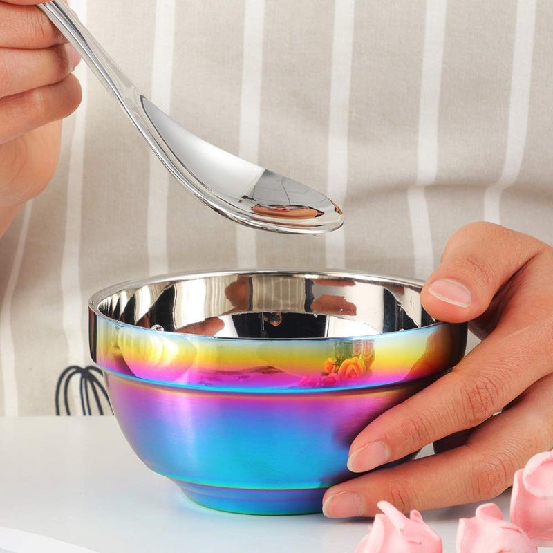 BISDARUN Large Rainbow 304 Stainless Steel Bowl Set of 4, Double-Walled Heat Insulation Anti-Scalding Kitchen Soup Bowls, Drop Resistance Children Bowl Salad Bowl Set for Mixing (5.1 Inches Diameter) - Image 4